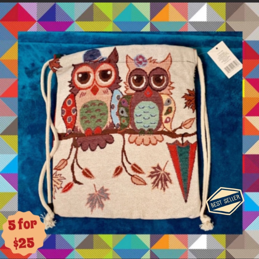 5/25 Folksy boho drawstring backpack with owls